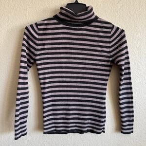 Wanko Cotton Wool Blend Turtleneck Pink Black Striped Long Sleeve Size F or S/M